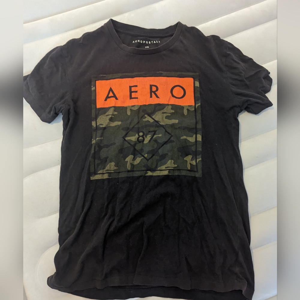 Aeropostale Black Tee with Orange and Green Camouflage